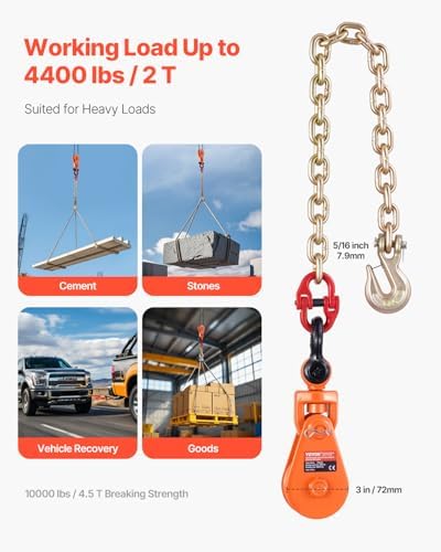 VEVOR 2 Ton Snatch Block with G80 Chain, Swivel Shackle, 3" Sheave for 3/8" Wire Rope, Snatch Block Pulley for Towing and Recovery Applications on Flatbed Tow Truck Rollback Wrecker Car Carrier Cable - Image 3