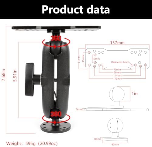 Universal Mounting Bracket - Extended Aluminum Alloy Arm with Spherical & Rectangular Plate, Circular Base for Fish Finder, GPS Plotter, Depth Sounder, CB Radio, Marine Electronics (7.6inch) - Image 4