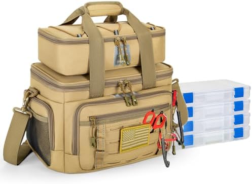Fishing Tackle Bag, Equipped With 4 Tackle Boxes and Detachable Reel Storage Pouch, Waterproof Fishing Gear Organizer, Adjustable Shoulder Strap Fishing Bags for Saltwater & Freshwater by Unknown