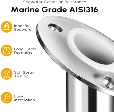 Fishing Rod Holder 2 Pack, 316 Stainless Steel 15/30/90 Degree Rod Holders for Fishing Boat, Flush Mount with Cap, Heavy Duty - Image 4