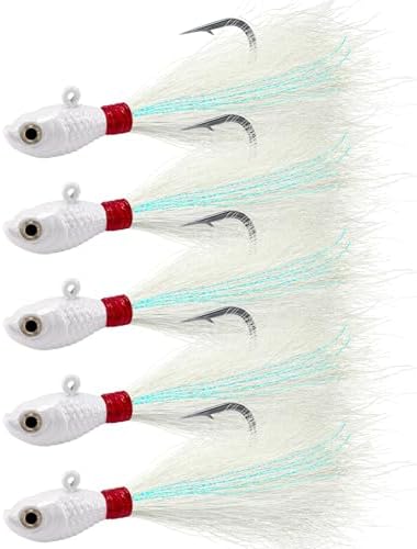Alwonder 5-Pack Bucktail Jigs Hair Jigs Saltwater Freshwater Fishing Bucktail Lures Surf Fishing Jig Heads White Luminous Chartreuse Swimbait Jig for Bass Flounder Striper Bluefish Halibut Redfish by Alwonder
