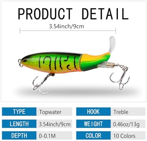 Whopper Fishing Lure for Bass Popper Top Water Fishing Lures with Floating Rotating Tail Barb Treble Hooks in Saltwater Freshwater Plopping Lures Kit - Image 3