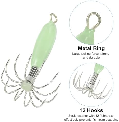 PATIKIL 12g Luminous Squid Jig Hooks, 5 Pcs Cuttlefish Sleeve Saltwater Fishing Lures Bait Jig Glow in Dark with 12 Stainless Steel Needles, Green - Image 3