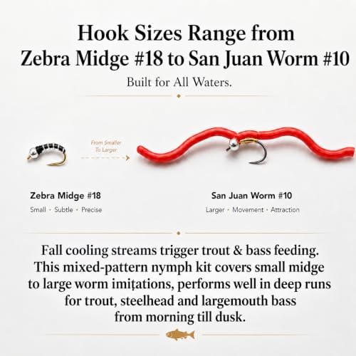 58PCS Fall Trout Nymph Flies Kit, 11 Patterns Barbed & Barbless Assortment with Fly Box, Squirmy Worm, Zebra Midge, Hare's Ear for Autumn Stream Fishing, Sizes #10-#18 - Image 5