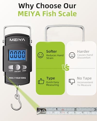 MEIYA Fish Scale 110lb/50kg Digital Fishing Scale with Backlit LCD, Portable Handle, Stainless Steel Hook, Built-in Tape Measure & 2 AAA Batteries, Reliable Fishing Gear & Great Fishing Gifts for Men - Image 2