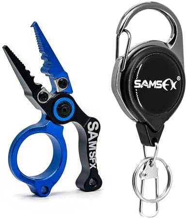 SAMSFX Mini Fishing Pliers with Fly Fishing Zinger Retractor, Fish Hook Remover Tool, Split Ring Pliers for Saltwater & Freshwater, Tungsten Carbide Cutters, Fishing Gear Gift for Anglers by SAMSFX