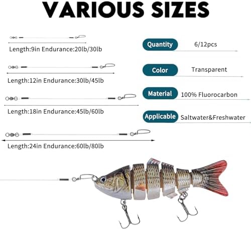 Eupheng Fluorocarbon Fishing Leader, 6/12PCS 20LB-80LB Invisible Fluorocarbon Leaders with Swivel and Snap,100% Fluorocarbon Leaders Line for Saltwater Freshwater - Image 2