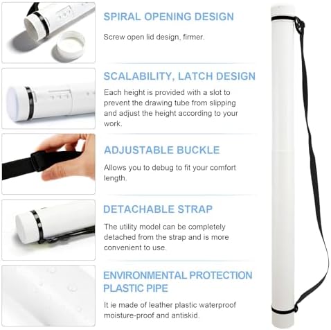 DEWEL Poster Tube, Waterproof Poster Holder Plastic Expandable Poster/Art/Document Storage Tube 24.5" to 40", Adjustable Poster Storage Blueprint Holder with Carrying Strap (White-Large Size) - Image 3