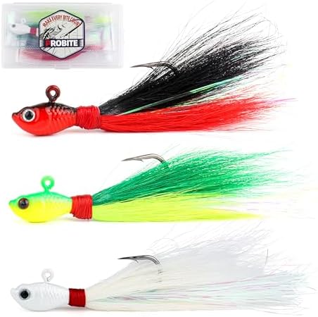 Bucktail Jig Lure 3 Pack, Deer Hair Head Jigs for Saltwater & Freshwater Fishing, Surf Boat Inshore Jigs for Striped Bass, Bluefish, Snook, Flounder, Redfish by PROBITE
