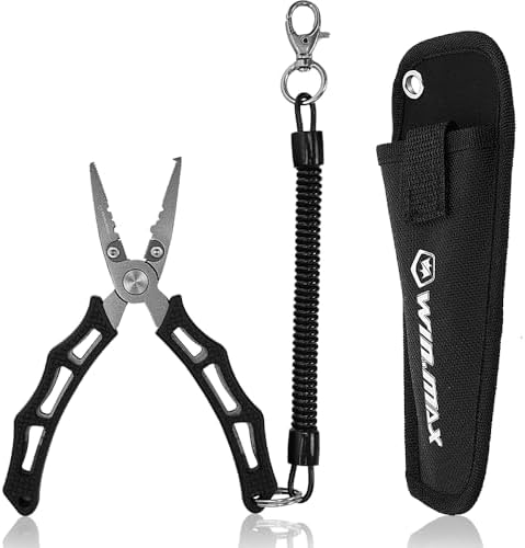 Fishing Pliers for Saltwater & Freshwater, with line Cutter, 6 or 7.5 inch, Hook Remover Pliers, SUS420 Jaws with Titanium Coating, Tungsten Carbide Cutter (Black, 6 inch) by WINMAX