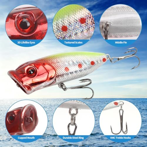 Large Top Water Popper Lure: 2pcs 3D Eyes Tuna Popper Saltwater Fishing Lures for Surf Fishing Gt Tuna Kingfish Large Predator Fish - Image 3