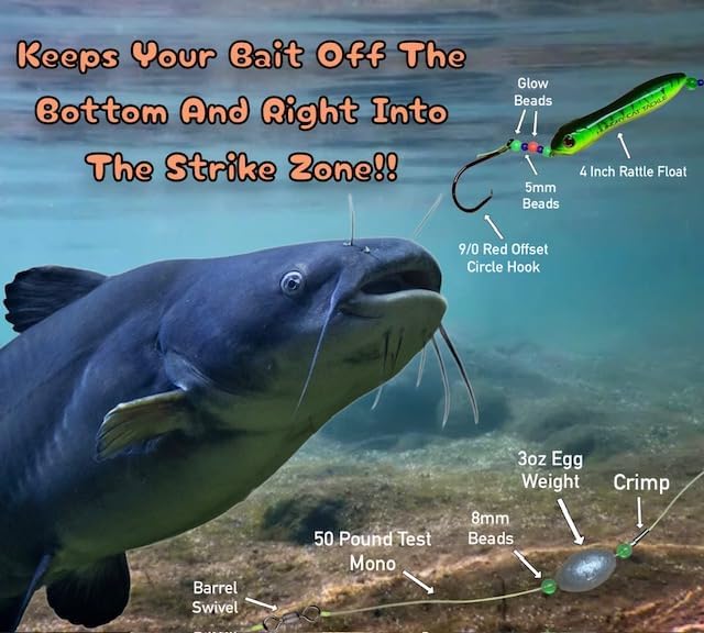 Premium Catfish Ready Rig, Ribbit-Rig, Bright Multicoloured, with 3 oz Egg Sinker Weight. - Image 2