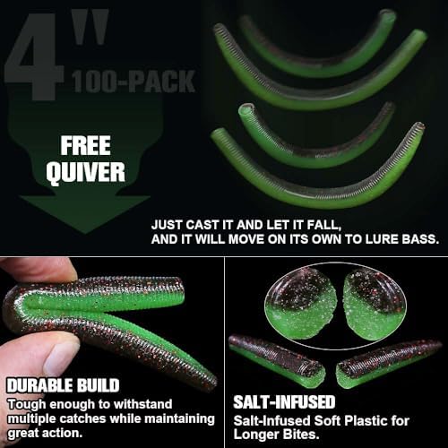 Wacky Worms Soft Plastic for Bass Fishing Lures–100 Pack 4" & 5" Stick Baits Wacky, Texas, Neko & Drop Shot Rigs–Bulk Soft Lure - Image 3