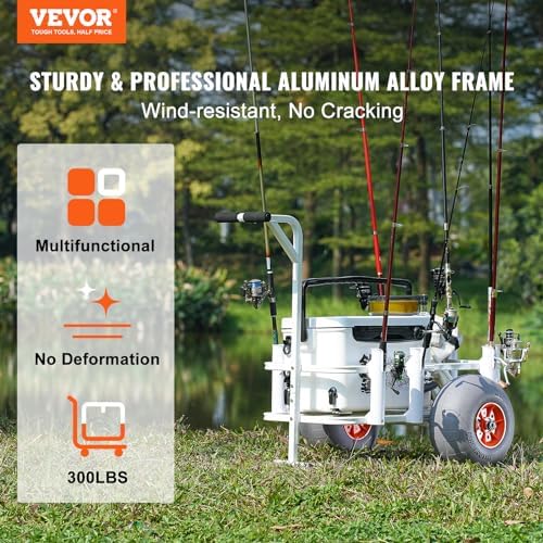 VEVOR Beach Fishing Cart, 300 lbs Load Capacity, Fish and Marine Cart with Two 13" Big Wheels PU Balloon Tires for Sand, Heavy-Duty Aluminum Pier Wagon Trolley with 8 Rod Holders for Fishing, Picnic - Image 2