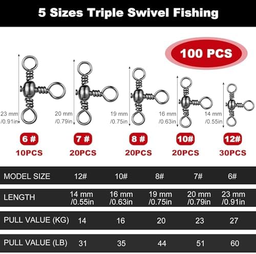 Realure 100Pcs Three Way T-Shape Fishing Swivels, 5 Sizes 6#~12# Black Nickel Stainless Steel Terminal Tackle, Freshwater Saltwater Three-Way Rig Connector for Catfish Walleye Bottom Fishing - Image 2