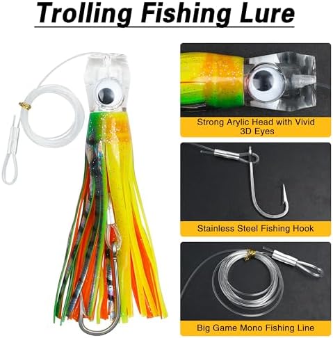 Trolling Lures Saltwater for Tuna Mahi Marlin Wahoo Dolphin Shark Offshore Trolling Baits with Squid Skirt Big Game Fishing Lures Deep Sea Squid Skirts Rig 6/9 inch - Image 2