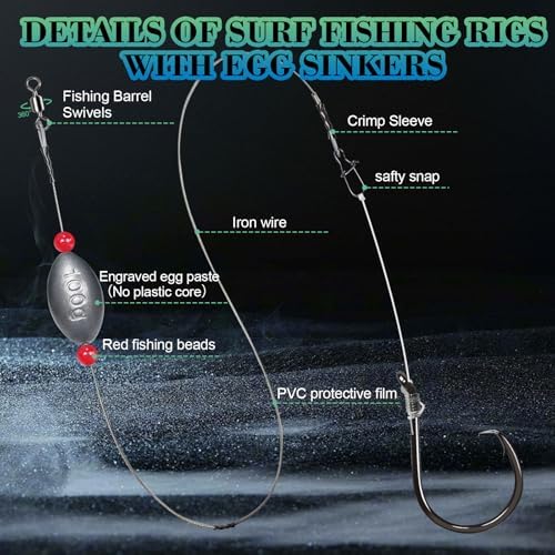 Fishing Egg Sinker with Soft Plastic Core Weight Rigs 5pcs Flounder Rig Saltwater,176.37lb Fishing Wire Leader with Egg Sinker Swivels Snap, Grouper Bottom Fishing Rigs - Image 3