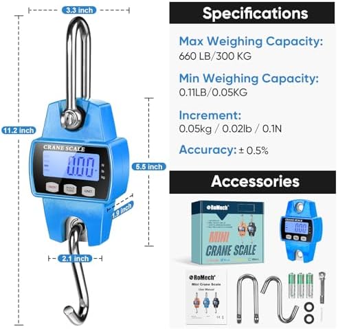RoMech 660lb Digital Hanging Scale with Cast Aluminum Case, Handheld 300Kg Mini Crane Scale with Hooks for Farm Hunting Fishing Outdoor (Blue) - Image 4