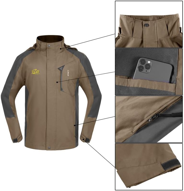TEZO Mens Rain Jacket Waterproof with Hooded Hiking Coat Lightweight Windbreaker - Image 5