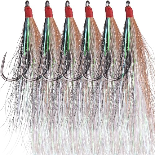 Bucktail Teasers Fishing Hooks Saltwater Flounder Rig Bucktail Mylar Teasers Inserted Fishing Teaser Hooks for Jigs Spoons Lures Hi/Lo Rig Striped Bass Bluefish Flounder Surf Bottom Fishing by AGOOL
