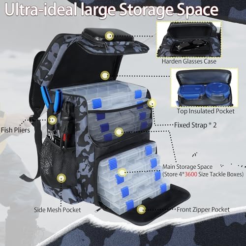 Fishing Backpack with Rod Holder X-Large 60L Tackle Gears Bag with Cooler for Storage Tackle Box and Fishing Accessories Stuff, Fish Gifts for Men Woman-Yellow Camo - Image 3