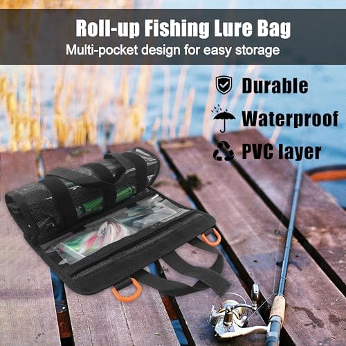 AGOOL Fishing Lure Bag, Roll Up Bait Bag 6 Pockets PVC Protective Lure Wraps Covers Waterproof Portable Large Capacity Fishing Tackle Organizer Storage Bag for Fishing Lures Jigs Hooks Baits Tackle - Image 3