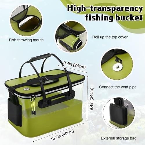 3 Pcs Fishing Bucket, Live Bait Aerator and Fishing Cast Net with Heavy Duty Sinker Foldable Live Bait Bucket Portable Quiet Aerator Fish Transport Container Outdoor EVA Bag - Image 2