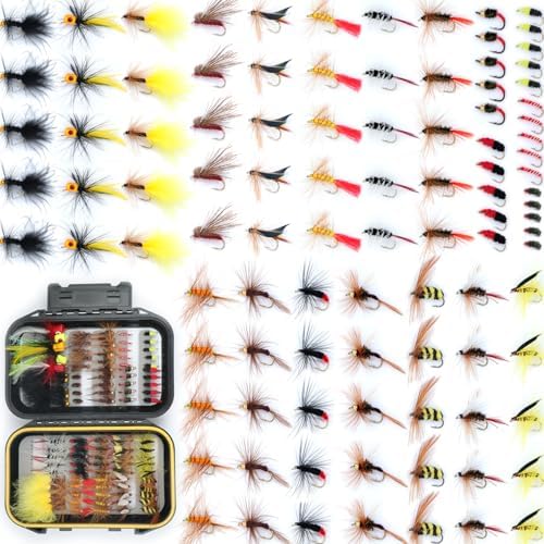 EXAURAFELIS Flying Flies kit Fishing Gear Fishing Lure 64/100/120PCS Dry Wet Flies Tackle Box Fly FishingLures for Bass Salmon Trout Freshwater Walleye Steelhead Bonefish Tarpon Saltwater by EXAURAFELISFISHING
