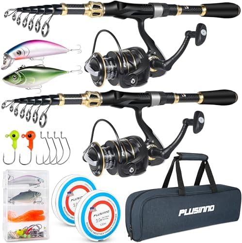 PLUSINNO Fishing Rod and Reel Combo, Telescopic Fishing Pole Kit with Spinning Reel, Tackle Box, Fishing Lures and Travel Carrying Bag, Fishing Gear Gifts for Men by PLUSINNO