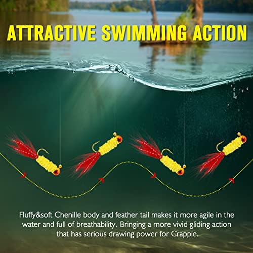 Dovesun Crappie Jigs, Jig Heads with Feather Hand-Tied Marabou Jigs Ice | Fly Fishing Lures 10 Colors 1/32oz 1/16oz 1/8oz Fishing Hair Jigs for Panfish Sunfish Walleye 20-40pcs - Image 5