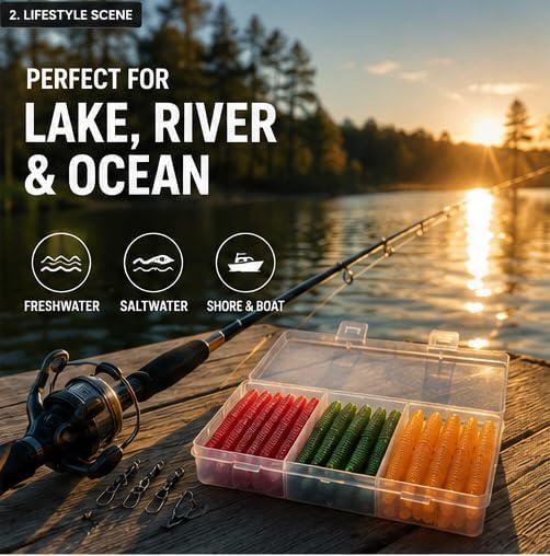 50PCS Fishing Worm Lure Kit with Hooks & Swivels – Soft Plastic Bass Fishing Lures in Red, Green & Orange, Ready-to-Fish Worm Baits for Bass, Trout, Crappie, Freshwater & Saltwater - Image 4