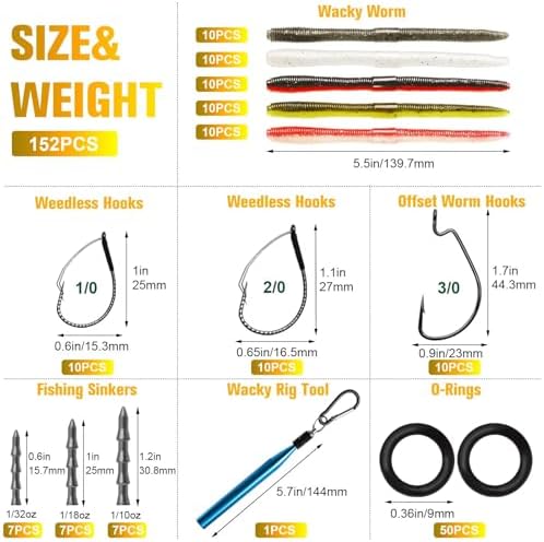 Dovesun Wacky Worm for Bass Trout Fishing Worms Kit with Soft Plastic Baits, Weedless Hooks, Bass Hooks,Weedless Jig Head, Wacky Rig Tool, O-Rings, Weight 152Pcs/131Pcs/50Pcs - Image 5