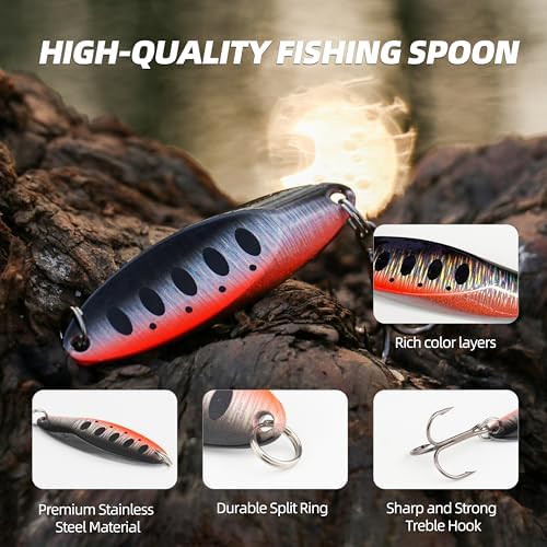 Jigging Spoon Fishing Lures, Slant Cut Metal Spoon with Glow, High Flash, Sharp Treble Hooks, Precision Wobble for Bass, Trout, Pike & Walleye - Image 2