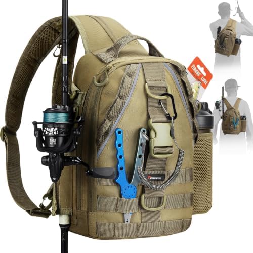 Piscifun Fishing Backpack, Rod Holders, Lightweight Sling Bag, Khaki by Piscifun