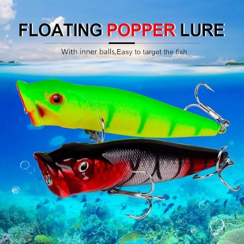 5pcs 9cm 3D Eyes Hard Baits Floating Topwater Popper Lures with Treble Hooks, Mixed Colors, ABS & High Carbon Steel, Targeting Pike, Bass, Salmon - Image 3