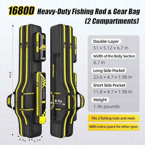 2 Layers Fishing Pole Bag, Fishing Rod Case, 51in 1680D Heavyweight Oxford with Wire Frame Support(Not Hardshell)Quick-Access Compartments Anti-Sag Design Fishing Rod Bag Fishing Gift for Men - Image 2