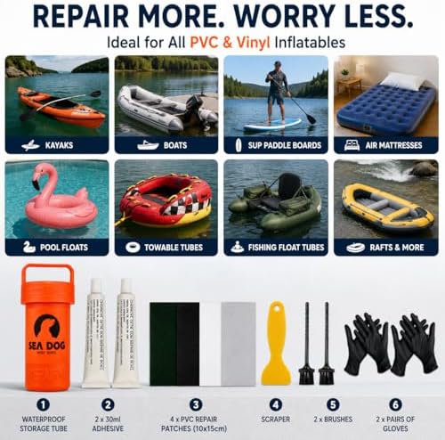 Heavy Duty PVC Repair Kit for Inflatable Boats & Kayaks – Waterproof Permanent Patch Repair with Large PVC Patches, Adhesive, Tools & Gloves - Image 2