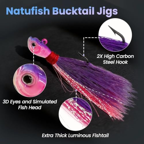 Natufish Bucktail Jigs 3/5Pcs Flash Hair Tail Lifelike Action Saltwater - Image 2