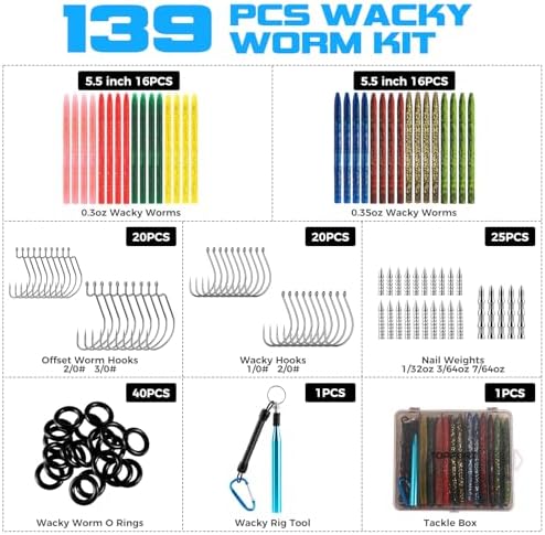 TOPFORT Fishing Lures, Bass Fishing Kit with Wacky Worm, Fishing Worms for Bass Fishing, Soft Plastic Baits with Hooks, Weights, Fishing Accessories, Fishing Gear Fishing Gifts for Men with Tackle Box - Image 3