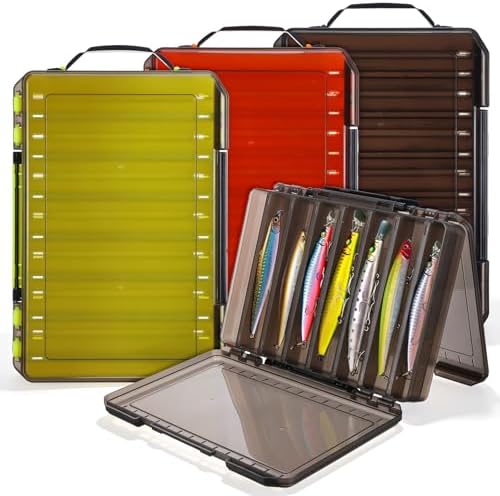 3 Pack Fishing Lure Boxes Tackle Storage Plastic Double Sided Fishing Tackle Organizer with Dividers for Hooks Crankbaits Kayak Boat Freshwater Saltwater Orange Gray Yellow 10.6" × 7.5" × 2.0" by Unknown