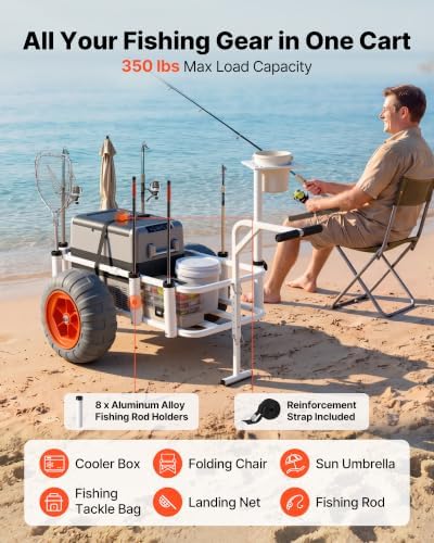 VEVOR Beach Fishing Cart, 350 lbs Load Capacity, Fishing Cart Wagon with Heavy-Duty Aluminum Alloy Frame, 16.5 in All-Terrain PU Balloon Tires, 8 Rod Holders, for Outdoor Activities Camping Picnic - Image 3