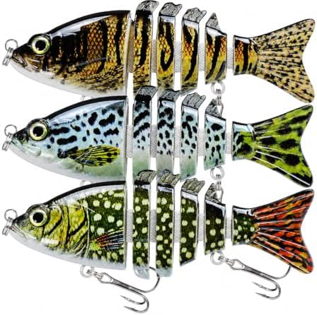 Keenjorika Easy Catch Fishing Lures, 3 Pack Multi-Jointed Swimbaits, Slow-Sinking Bass Fishing Lures, Wiggling, Vibrating & Rattling for More Bites, Hard Baits with Treble Hooks for Bass, Trout, Pike by Keenjorika
