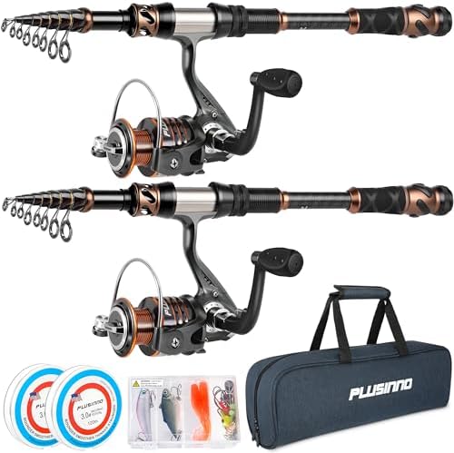 PLUSINNO Fishing Rod and Reel Combos - Carbon Fiber Telescopic Fishing Pole - Spinning Reel 12 +1 Shielded Bearings Stainless Steel BB by PLUSINNO