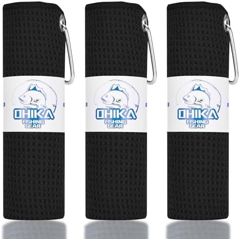 Microfiber Fishing Towels with Clip, Waffle Pattern for Effective Cleaning of Fishing Gears or Dirty Hands, 16” x 16”, Camping Towels, Hiking Towels, Pack of 3 (Black) by OHIKA