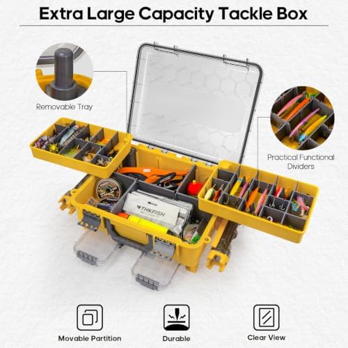 THKFISH Waterproof Double Side Tackle Box, Portable Storage Box with 2 Pack 3500 Stowaway Boxes & Rod Holders, Fishing Lure Organizer YellowPink/Green/Blue/Grey (L-Yellow) - Image 3