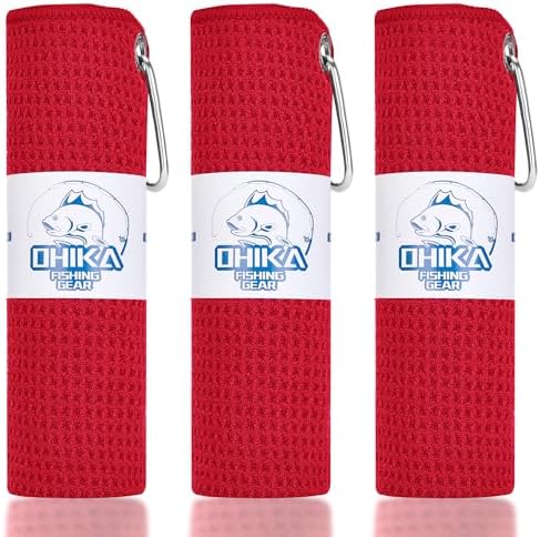 Microfiber Fishing Towels with Clip, Waffle Pattern for Effective Cleaning of Fishing Gears or Dirty Hands, 16” x 16”, Camping Towels, Hiking Towels, Pack of 3 (Red) by OHIKA