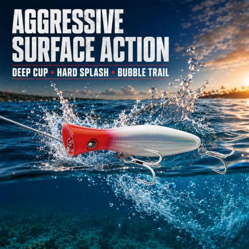 6.2 Inch 2.73 oz Saltwater Topwater Popper Fishing Lures with 3/0 4X Strengthened BKK Treble Hooks, Through-Wire for Strength & Durability, Target GT, Tuna, Sea Bass, Marlin - Image 5