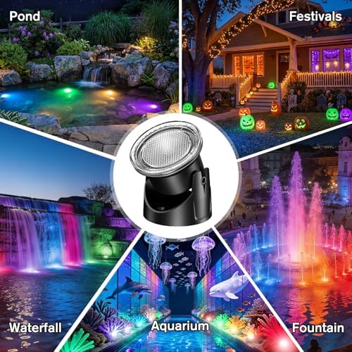 POPOSOAP RGB Underwater Pond Lights, IP68 Waterproof LED Pond Lights with Remote, Timer & Memory Function Fountain Lights for Pond Fountain Waterfall Aquarium Swimming Pool Outdoor Decoration 4-Head - Image 4