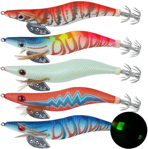 5pcs Luminous Squid Jigs Saltwater Fishing Lures Glow Tail Squid Jig Hooks Stainless Steel Needles Cuttlefish Sleeve Squid Jig Baits Night Fishing by JSHANMEI