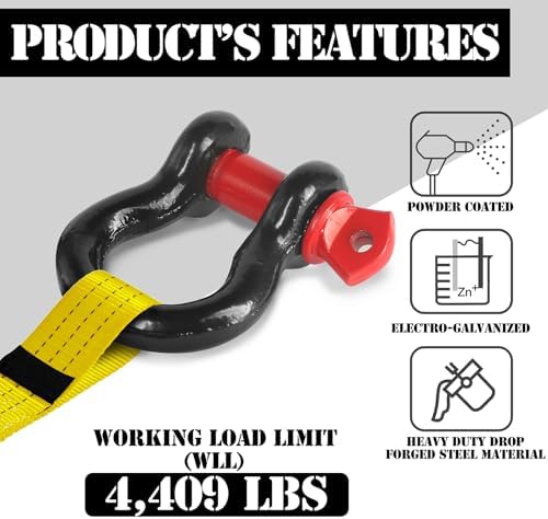 1/2" D Ring Shackle with 5/8" Screw Pin, 2T Working Load Limit (WLL) / 12T (26,455 lb) Minimum Breaking Strength (MBS) for Tow Strap Winch, Off-Road Vehicle Recovery (Black/Red, 8 Pack) - Image 2